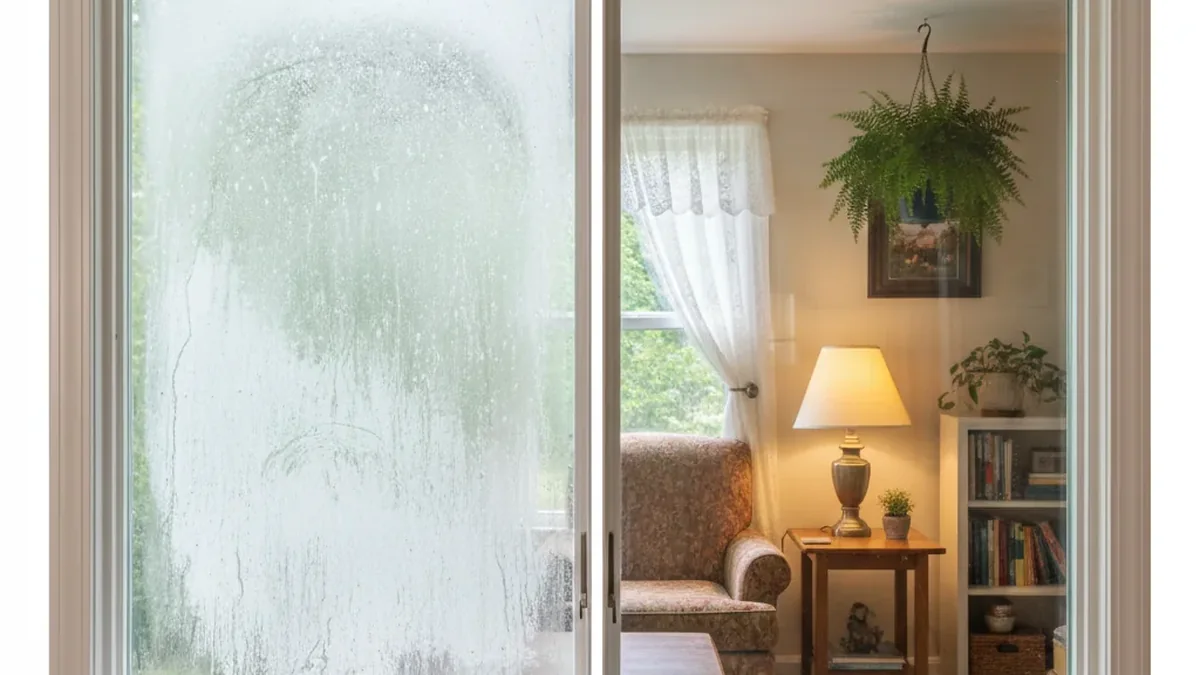 Hard water mineral deposit window cleaning before and after Waterbury Connecticut pure water treatment clear glass